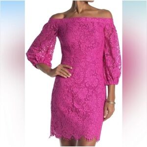Trina Turk Pink Lace Off-Shoulder Mini Dress
